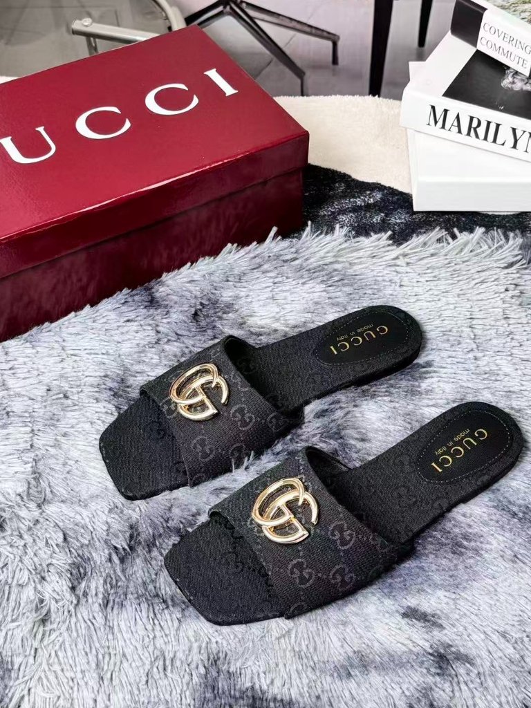 Gucci Double G Monogram Flat Slide Sandals With Metal Buckle